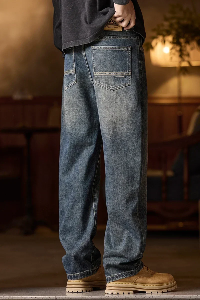 Cargo Mens Elastic เอวกางเกงยีนส์ Relaxed Fit Men's Blue กางเกงยีนส์เอวยางยืดซิปปุ่มผ้าฝ้าย Y2K อัลกุรอานแฟชั่น DENIM กางเกง