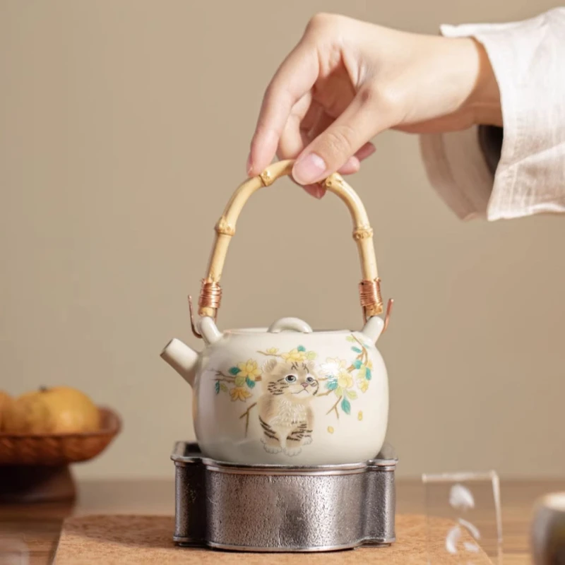 Ceramic Teapot Hle Kettle Chinese Vintage Cat Doodle Tea Set Household Water Containers Tea Pot Kiln Becomes Porcelain