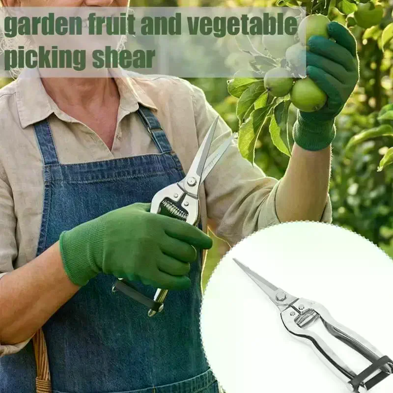 Gardening Shears Stainless Steel Pruning Shears Sharp Fruit Picking Scissors Spring Loaded Labor Saving Branch Trimmer Tool