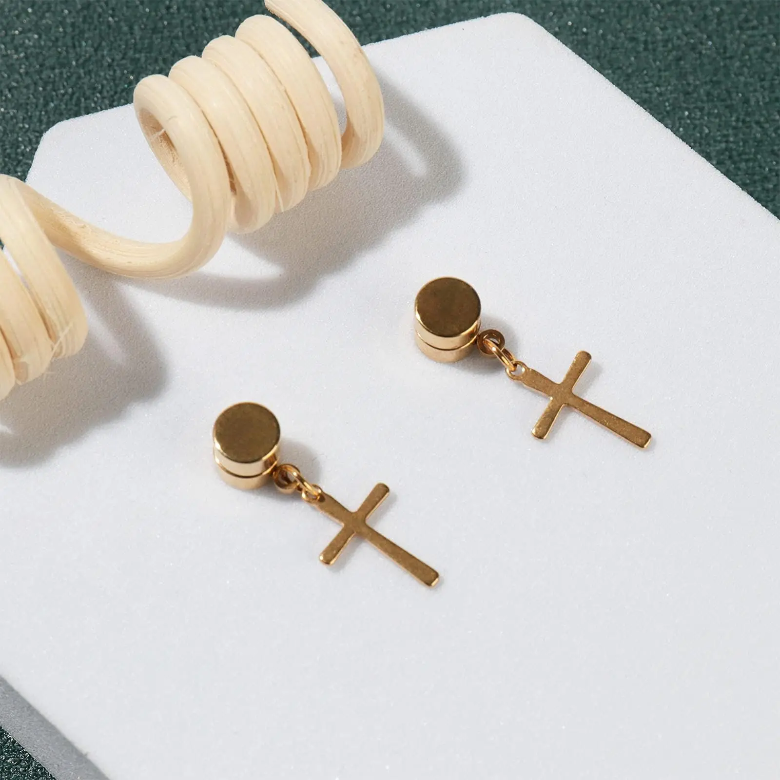 1 Pairs Magnetic Cross Clip on Earring Stainless Steel Non Piercing Hoop Dangle Cross Earrings for Men and Women view 3