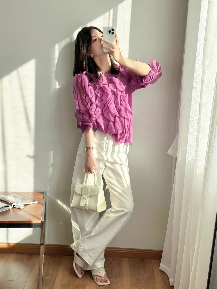 

Ele ort Bubble Sve irt Women's Design Sensation Vintage Sle Floral Top French Sle Straight Cut irt