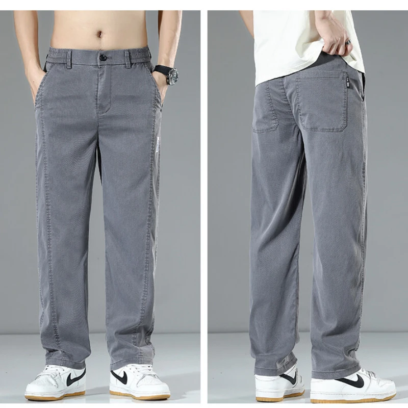 Jeans Tencel de verão masculino – calças casuais finas e respiráveis com perna reta e ajuste solto |   Calças confortáveis de perna larga de seda gelada