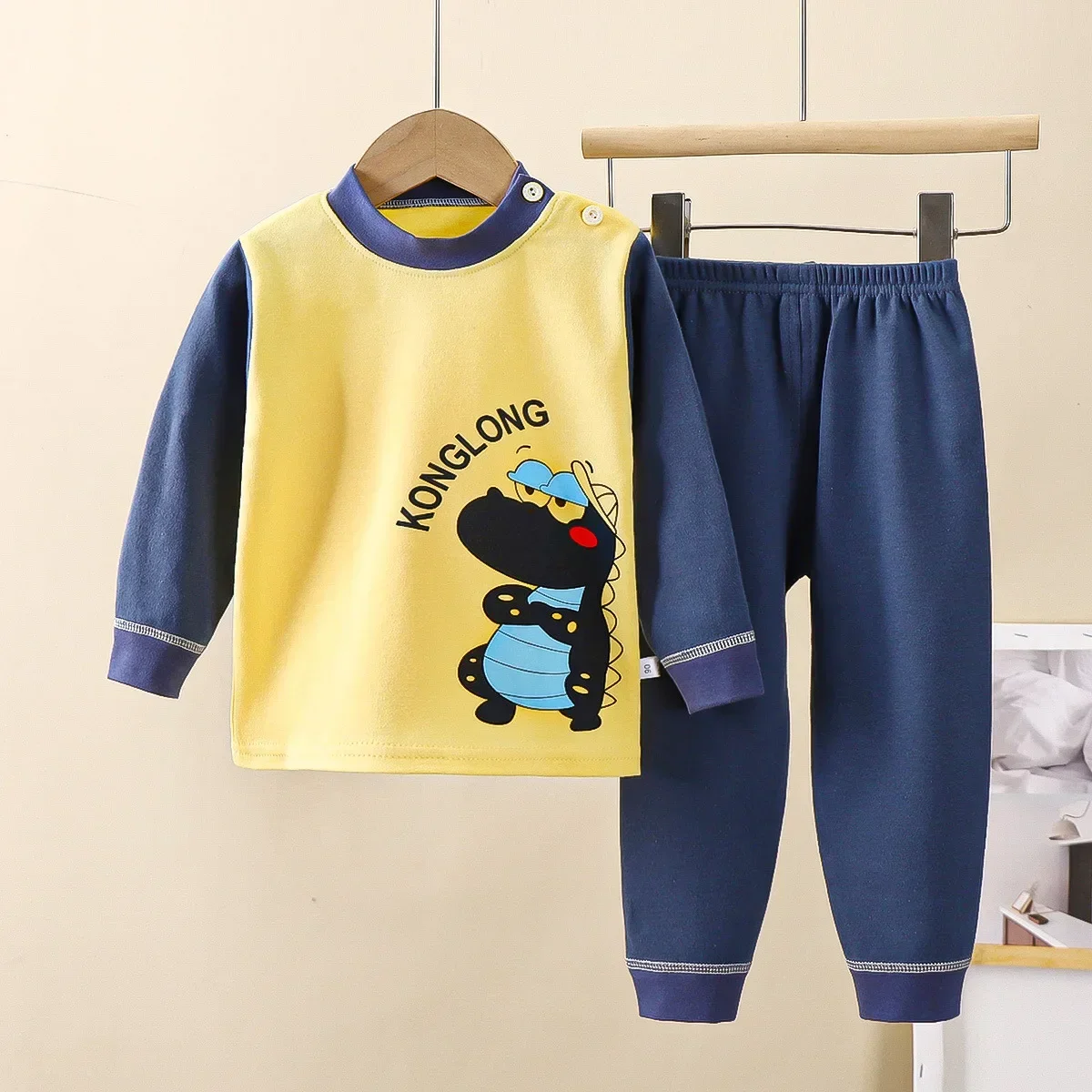 

New 2024 Kids Underwear Clothing Sets Boys Girls Pure Cotton Cute Cartoon Dinosaur T-shirt Top with Pants Baby Autumn Pajamas