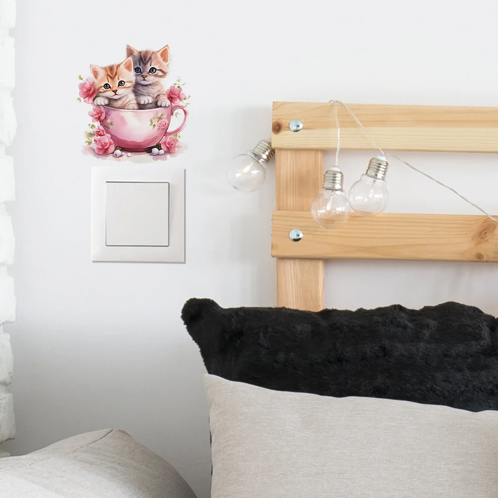 Cartoon Tea Cup Cat Flower Switch Sticker Living Room Bedroom Home Decoration Mural Cute Kitten Self-adhesive Wall Decor Decals