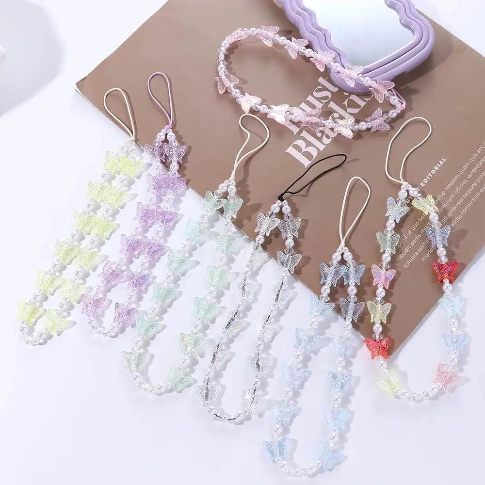 Charming Colorful Resin Butterfly White Imitation Pearl Women Mobile Phone Decoration Anti-Lost Lanyard Chain Jewelry Accessory