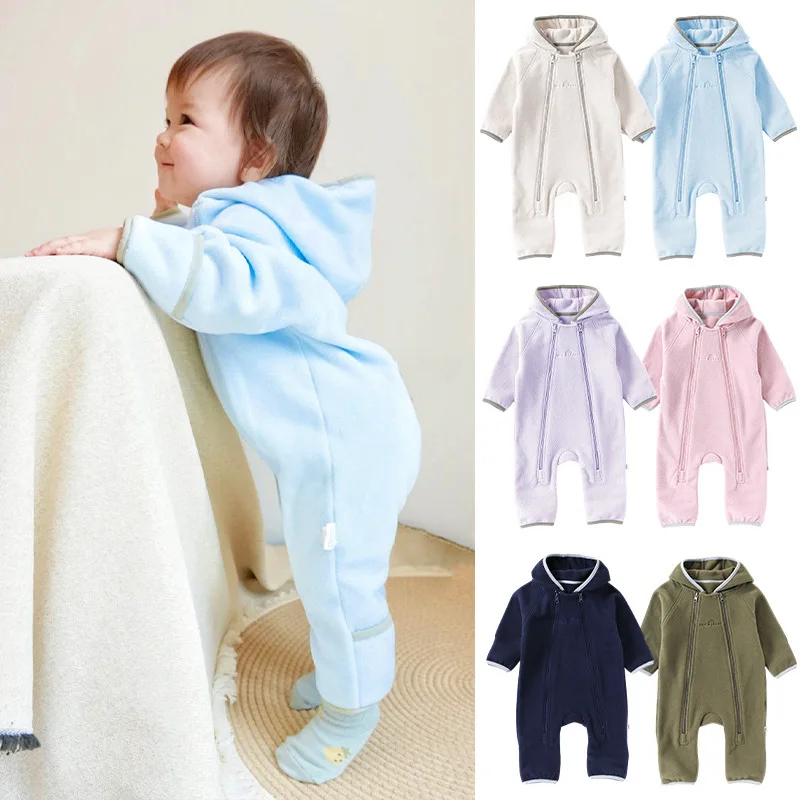 

New Winter Newborn Boys Rompers Hooded Double Zipper Thicken Warm Toddler Girls Jumpsuits Patchwork Infant Girl Bodysuits
