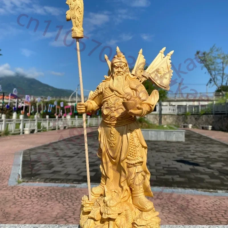 Guan Yu Wealth & War God Statue 30cm Hand-Carved Hinoki Wood with Ingot and Five Flags, Taoist Feng Shui Decor for Home, Office