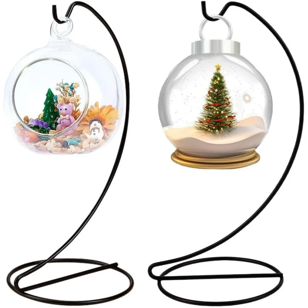 2pcs Ornament Display Stand Holder Glass Globe Black Iron Wire Stand Hanging Hook Holder Rack for Christmas Bauble making kit