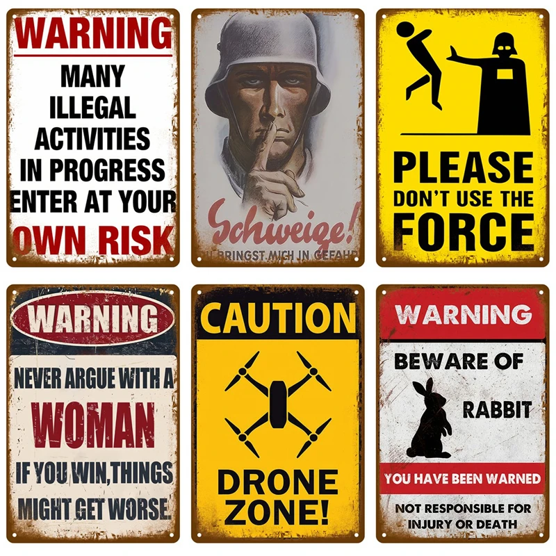 Warning Retro Tin Sign For Home Room Wall Decor Art Metal Sign Vintage Bars Garage Cafe Club Man Cave Pubs Mural Plate Poster