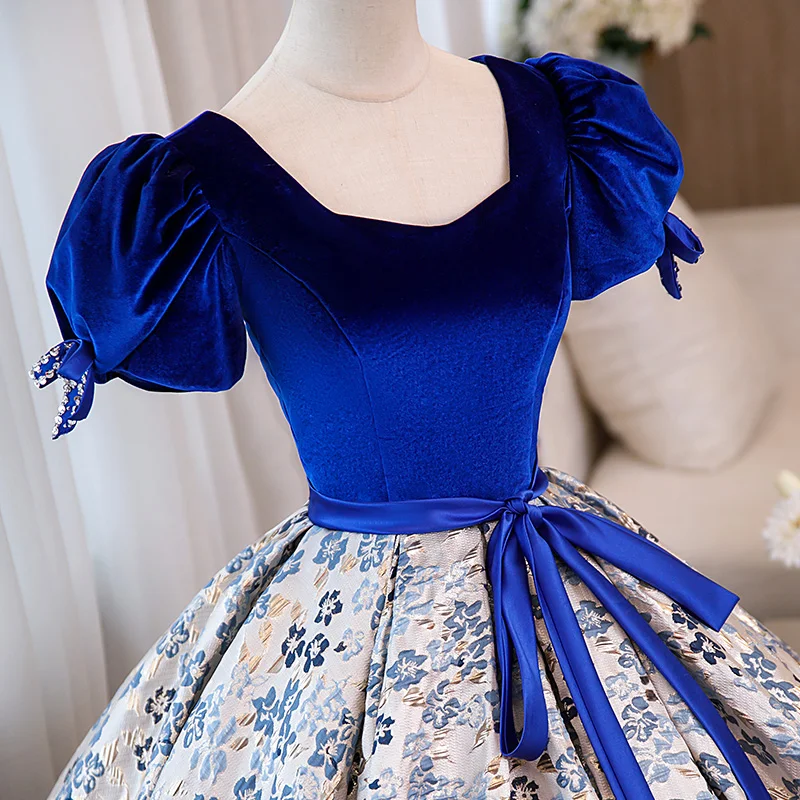 royal blue velvet bubble sleeve jacquard flower medieval dress Renaissance gown queen Victorian Belle Ball gown