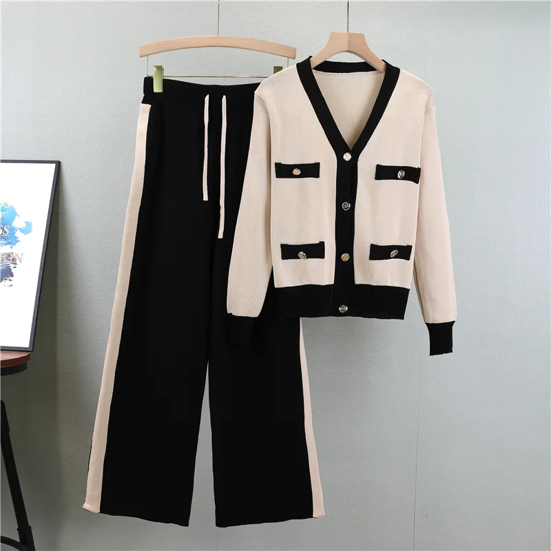 Women Knitting 2-Pieces Sweater Suit  V-neck Single-Breasted cardigan+Wide Leg Pants Lady Winter   Autumn Tracksuit Clothing