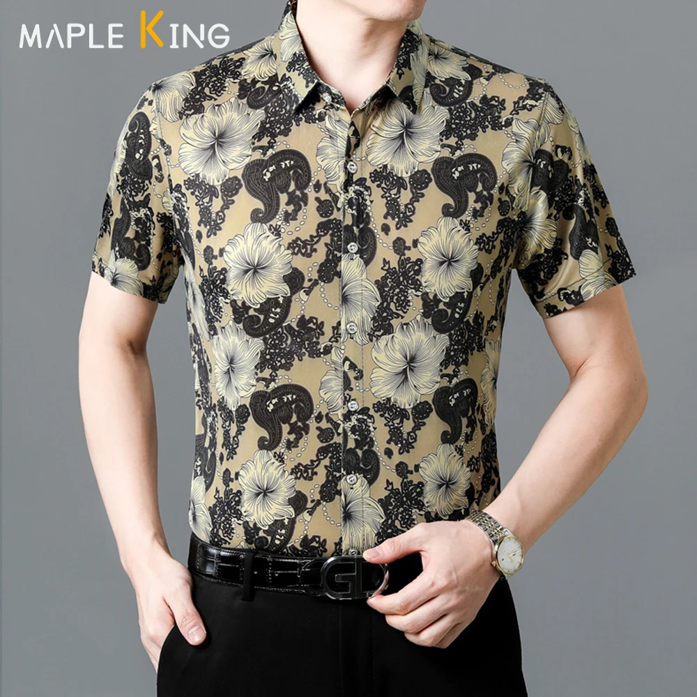 

Steampunk Hombre Floral Shirts for Men Summer Ice Silk Casual Print Camisa Social Masculina Luxo Mens Business Dress Shirts 4XL