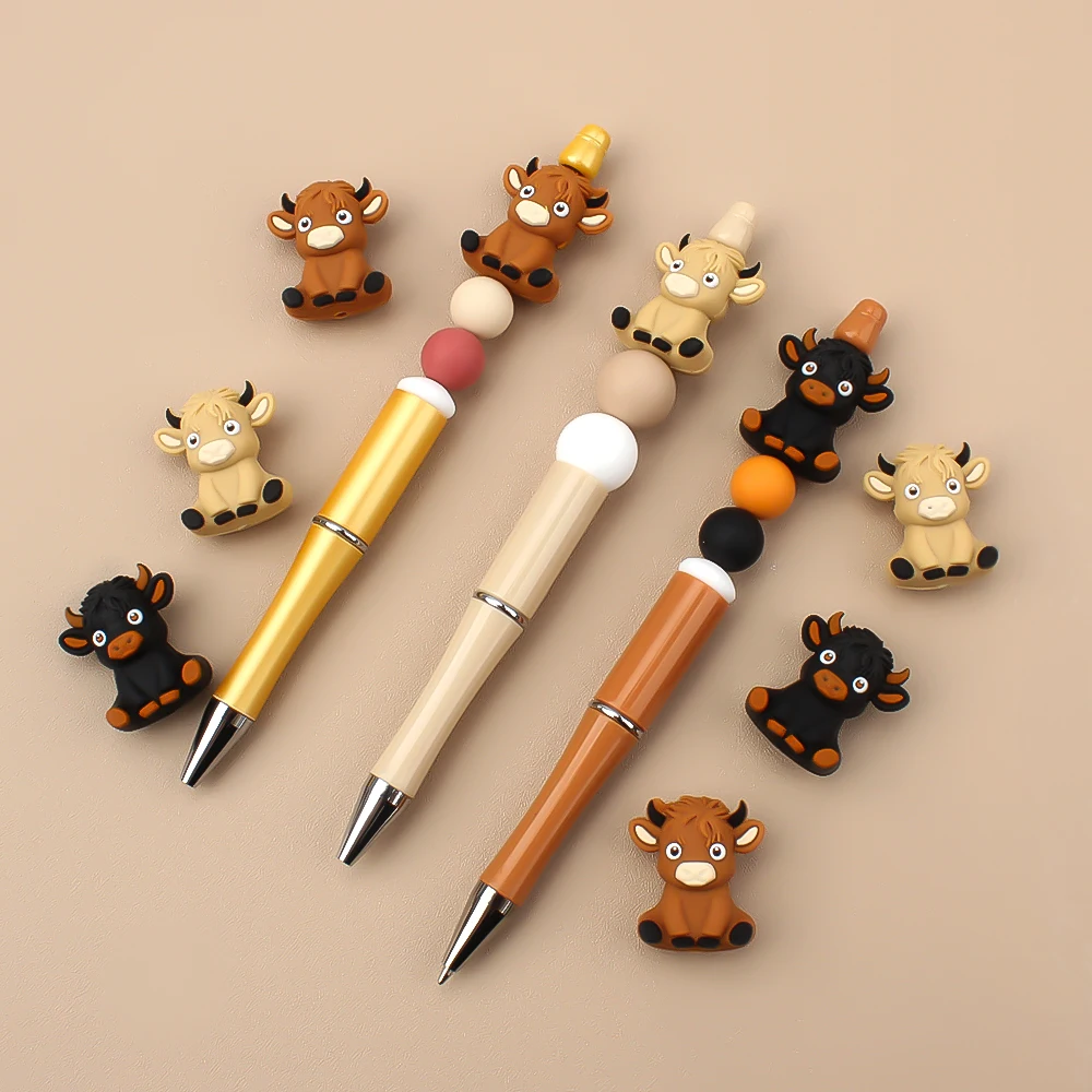 

5/10pcs New Silicone Beads 3D Highland Cow Shape for DIY KeyChain Making Ornamental Focal Jewelry Accessories Pen Decor
