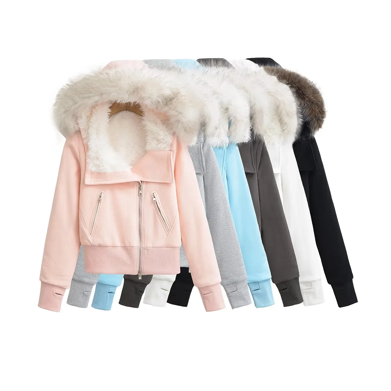 Autumn Winter Thickened Large Fur Collar Zipper Sweatshirt Jacket for Women with Fleece Lining Waist-Cinching Hooded Cotton J3HA