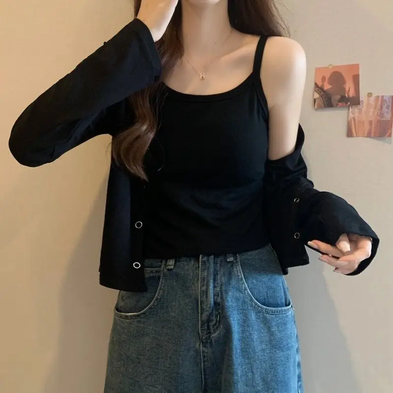 Thin Vest+Cardigan Suit Women Spring Summer Korean Long Sleeve Sweater Korean Woman Sexy Slim High Street Solid Knitted Tops