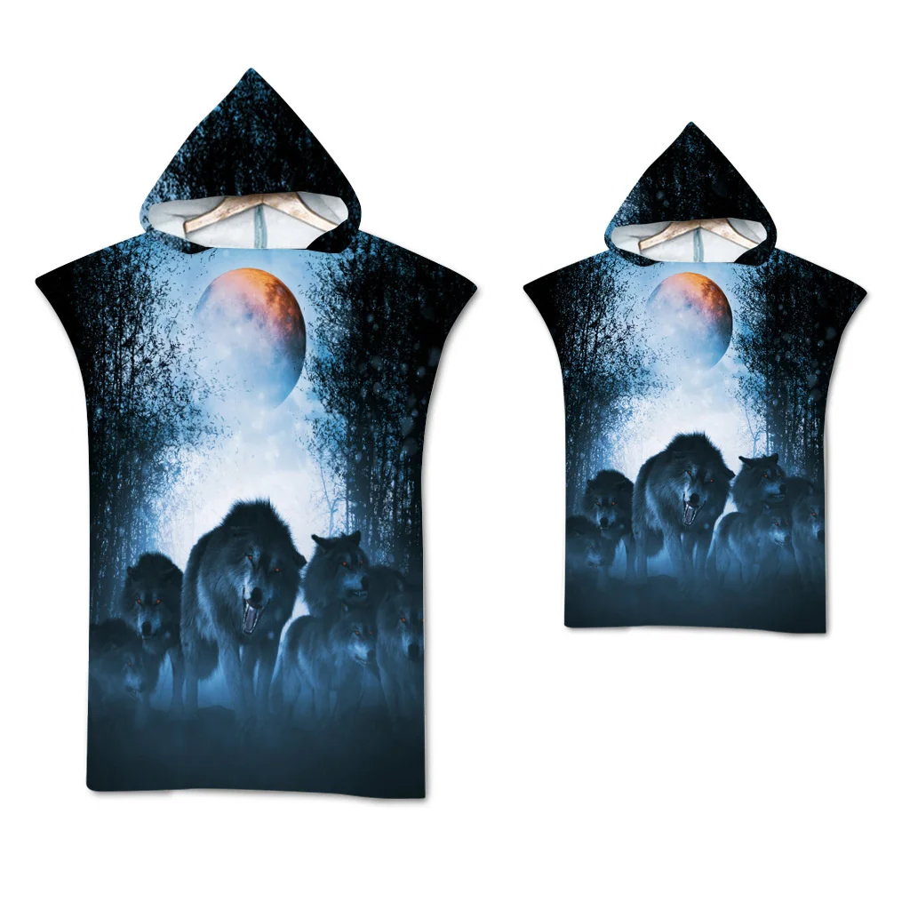 Wolf großes Strand tuch Badet uch schnell trocknende Handtücher Kapuzen mantel Neopren anzug erwachsenes Kind Eltern-Kind Poncho Bademantel zum Schwimmen Surfen – Detail 3
