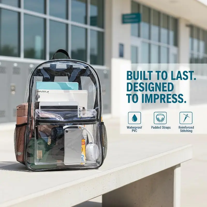Stadium Approved Clear PVC Backpack Waterproof Transparent Dual Zipper Adjustable Strap for Baseball Concert Stadium Event Bag
