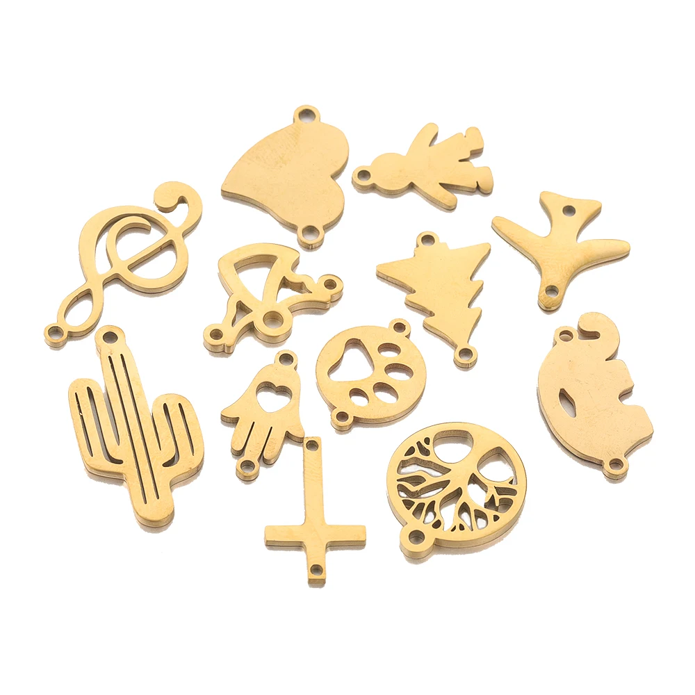 5pcs Stainless Steel Gold Plated Peach Heart Airplane Cross Connector Pendants for DIY Bracelet Necklace Parts Jewelry Making