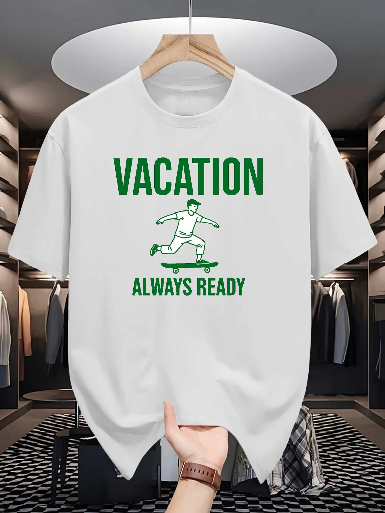 Skateboard Man Vacation Slogan Graphic Mens Crew Neck T Shirt Alway Ready Text Print Short Sleeve Casual Cotton Daily Summer Top