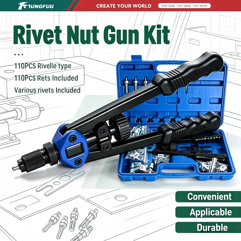 110Pcs Nut Gun Kit Manual Blind Rivnut Tool M3-M12 Threaded Insert Nuts Riveting Tool With Portable Storage Case