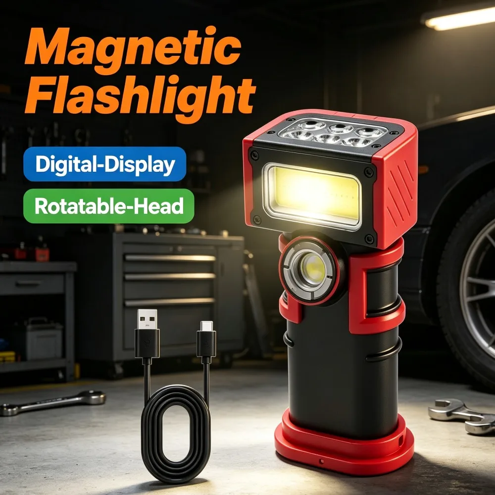 New Magnetic Auto‑Repair Flashlight Type‑C Rechargeable Digital‑Display Rotatable‑Head Torch for Vehicle Maintenance Lighting