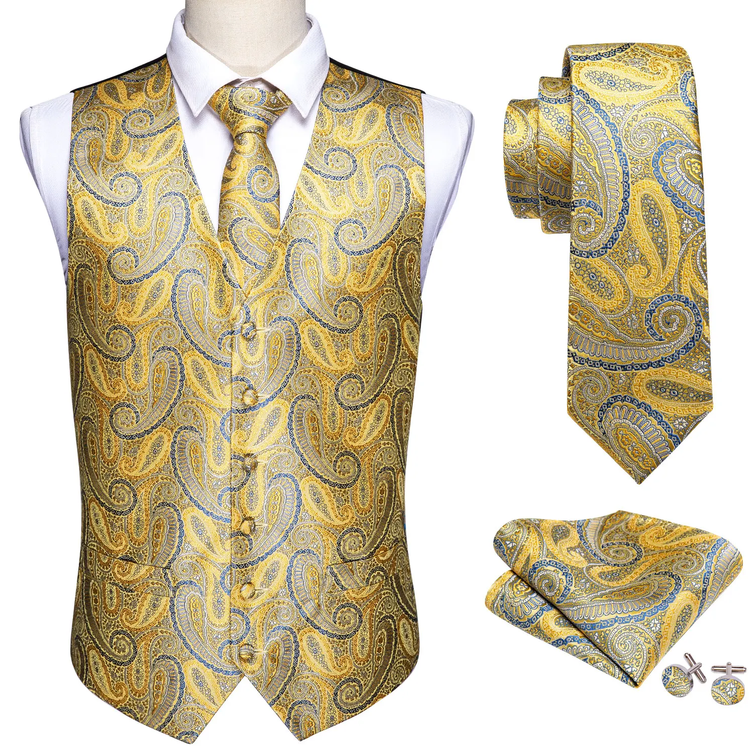 4PC Mens Extra Silk Vest Party Wedding Gold Paisley Solid Floral Waistcoat Vest Pocket Square Tie Suit Set Barry.Wang BM-2017