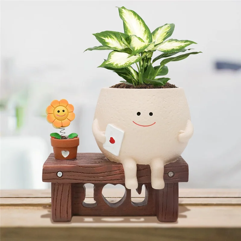 B97A-Cute Smileyface Planter Pot, Sitting Sunflower Flower Pot, Resin Head Planter For Indoor Outdoor Funny Sit Chair Pots