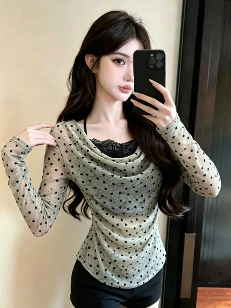 Sexy Retro Polka Dot Long Sleeve T-Shirt Lace Trimmed Bell Collar Splice Design Base Shirt for Young Women Daily Wear Autumn ...