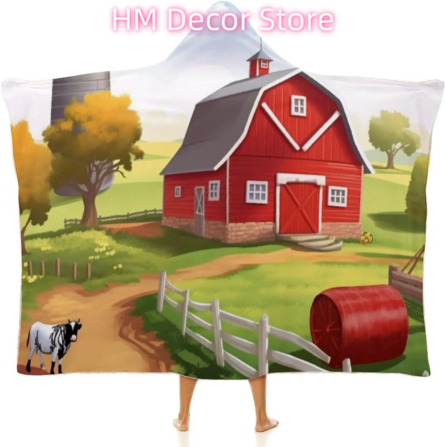 Cartoon Red Farm Wearable Hooded Blanket, Ultra Soft Arctic Velvet Cape Cloak Unisex - Cozy Wearable Blanket