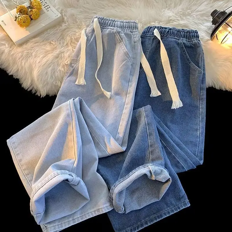 Elastic Waist Jeans Men's High Sense Straight Loose American High Street Retro