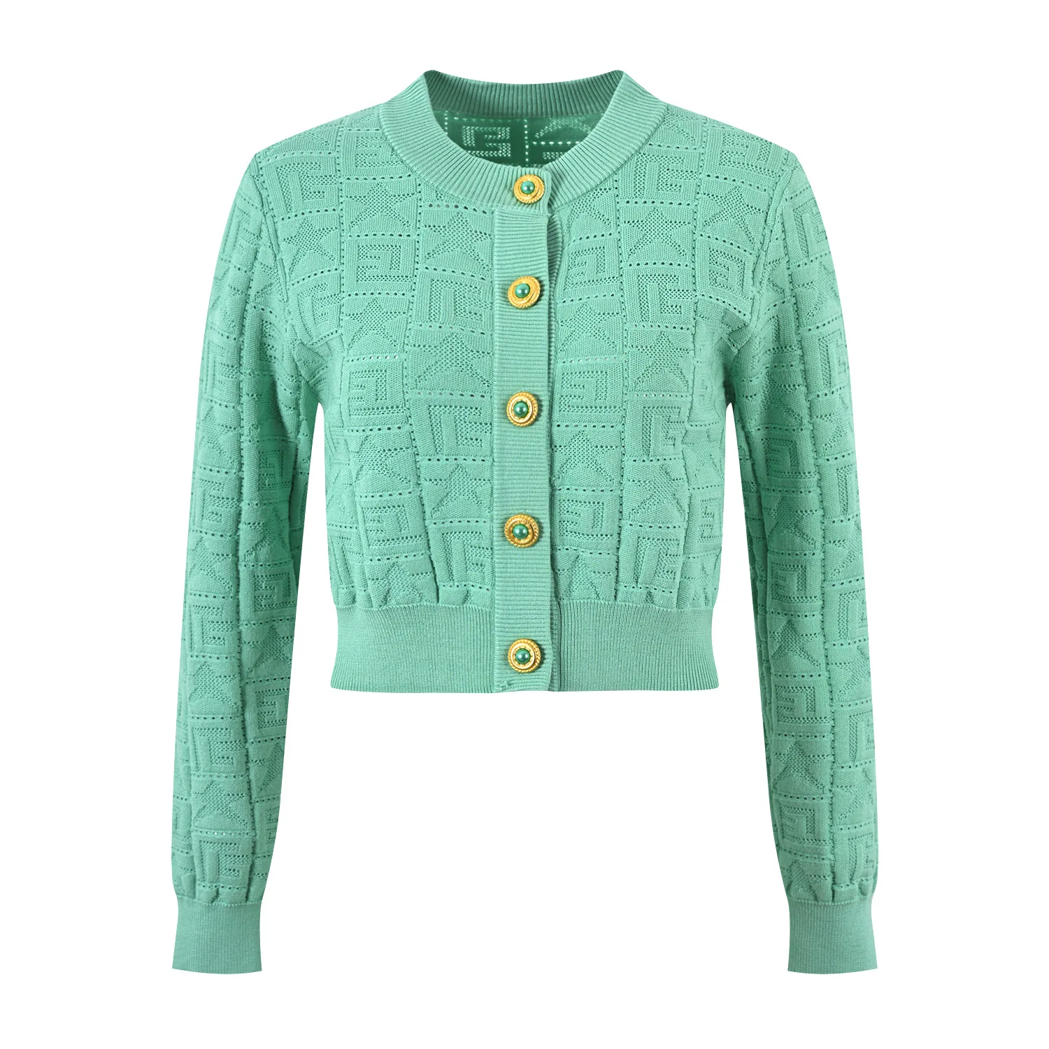 

Женский вязаный кардиган с вышивкой звездами, круглым вырезом, ажурным дизайном, для повседневной носки, с длинными рукавами, стандартной длины