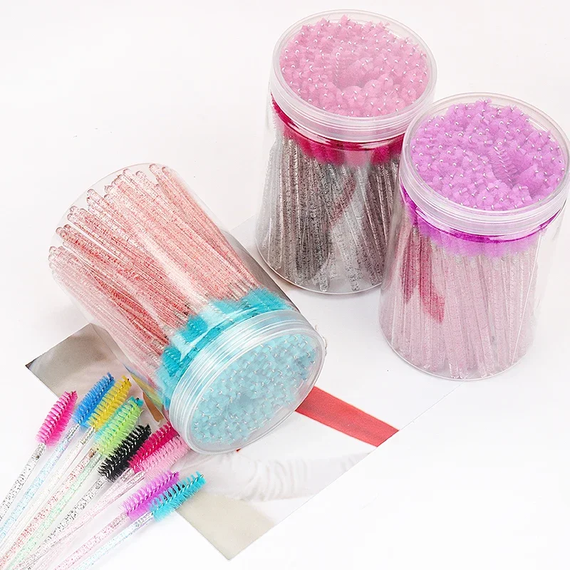 Eyebrow Comb MicroBrush 100pcs Disposable Eyelash Extension Makeup Brush With Box Crystal Handle Mascara Wands Lash Lifting Tool