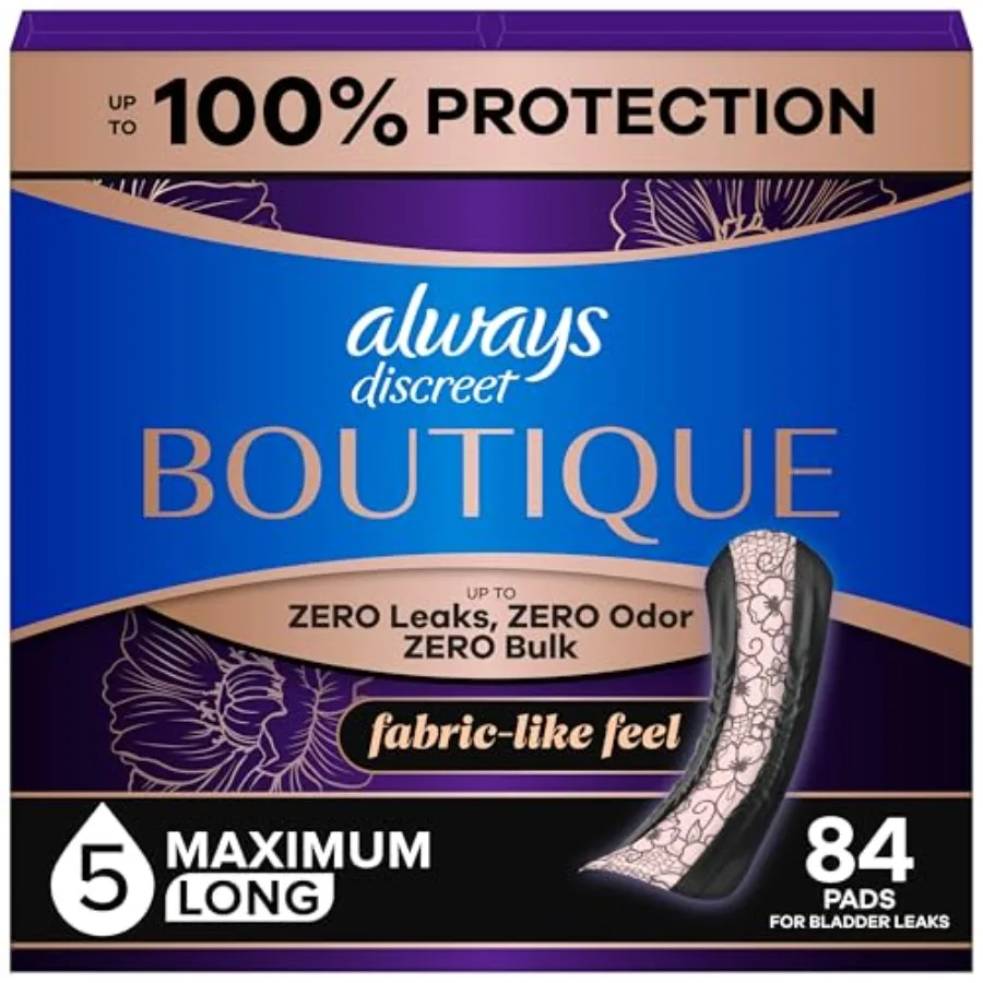 

Always Discreet Boutique Adult Incontinence and Postpartum Pads For Women, Size 5, Heavy Long Abondant longues, 28 Count x 3 Pa