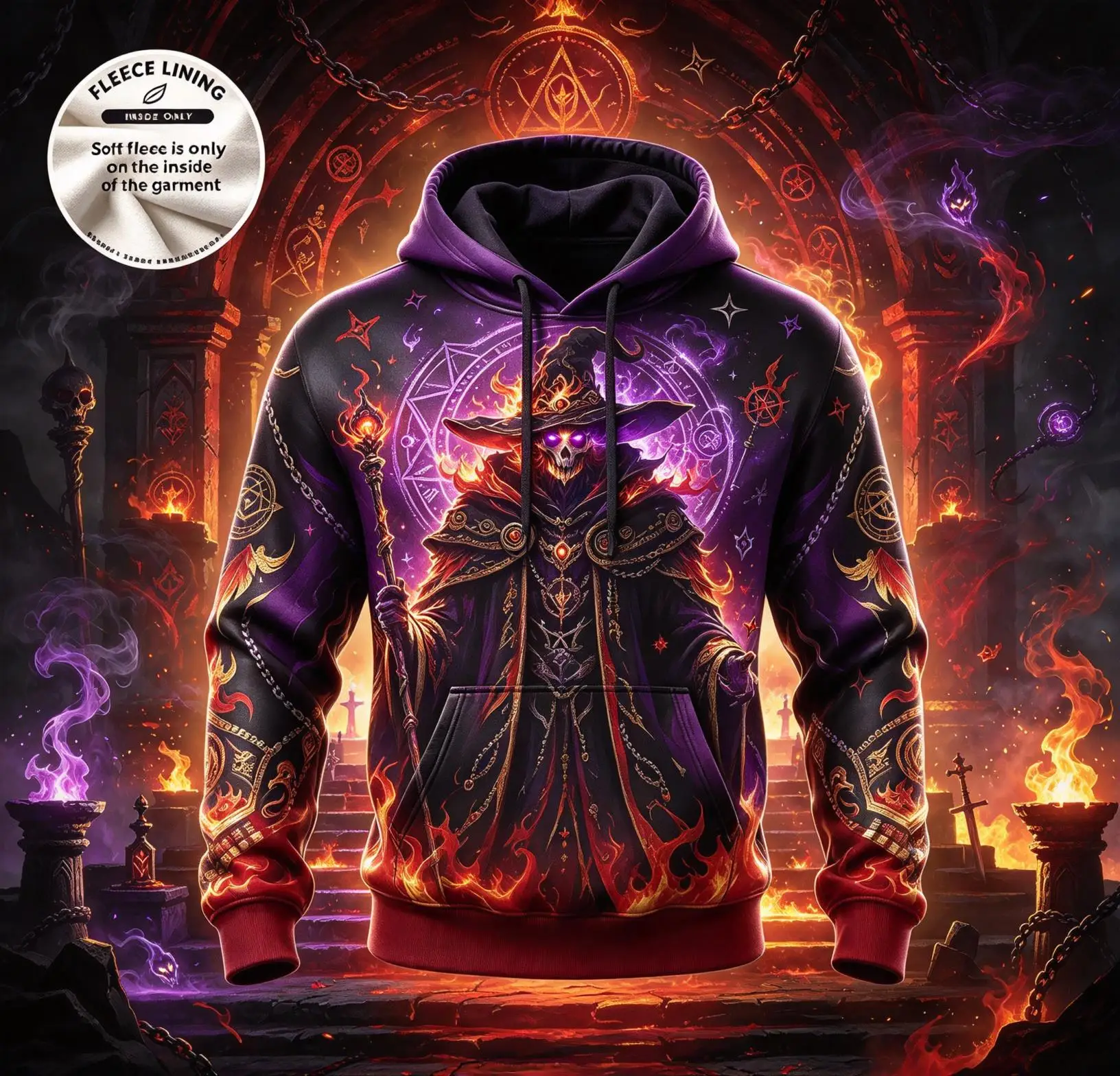 Mens Halloween Hooded Sweatshirt Dark Mage Occult Rune Pattern Fleece Lining Warm Party Top