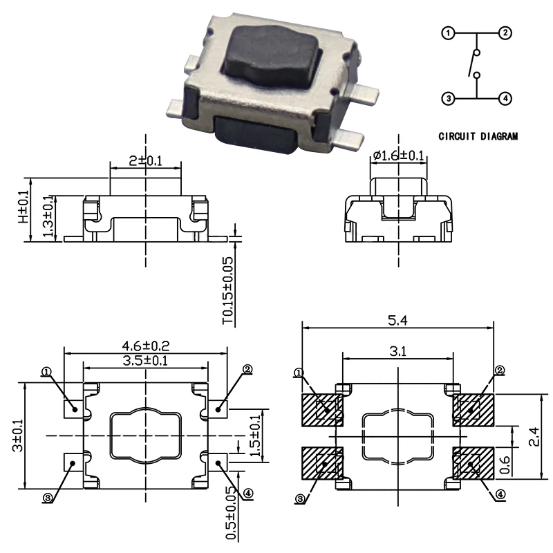 3*4*1,8mm 3*3,5 Micro Schalter 4Pin SMD Für Citroen C1 C2 C3 C4 c5 C6 C8 Remote Key Fob Reparatur Tactile Tact Push Button Schalter – Detail 2