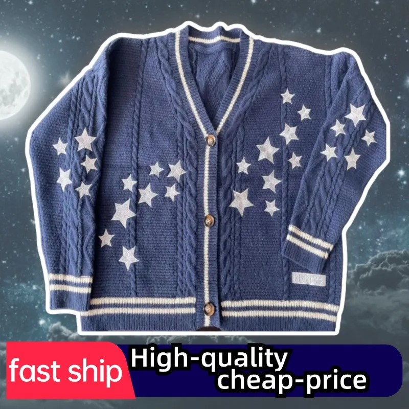 Autumn New Star Embroidered Knitted Midnight Blue Cardigan Women Oversized Cardigan Femmes Single Breasted Long Sleeve Tops