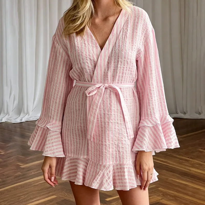 2026 New Women's European American Spring Summer Pajamas  Double Layer Crepe Cotton Ruffle Edge Nightgown Skin Friendly Comfort