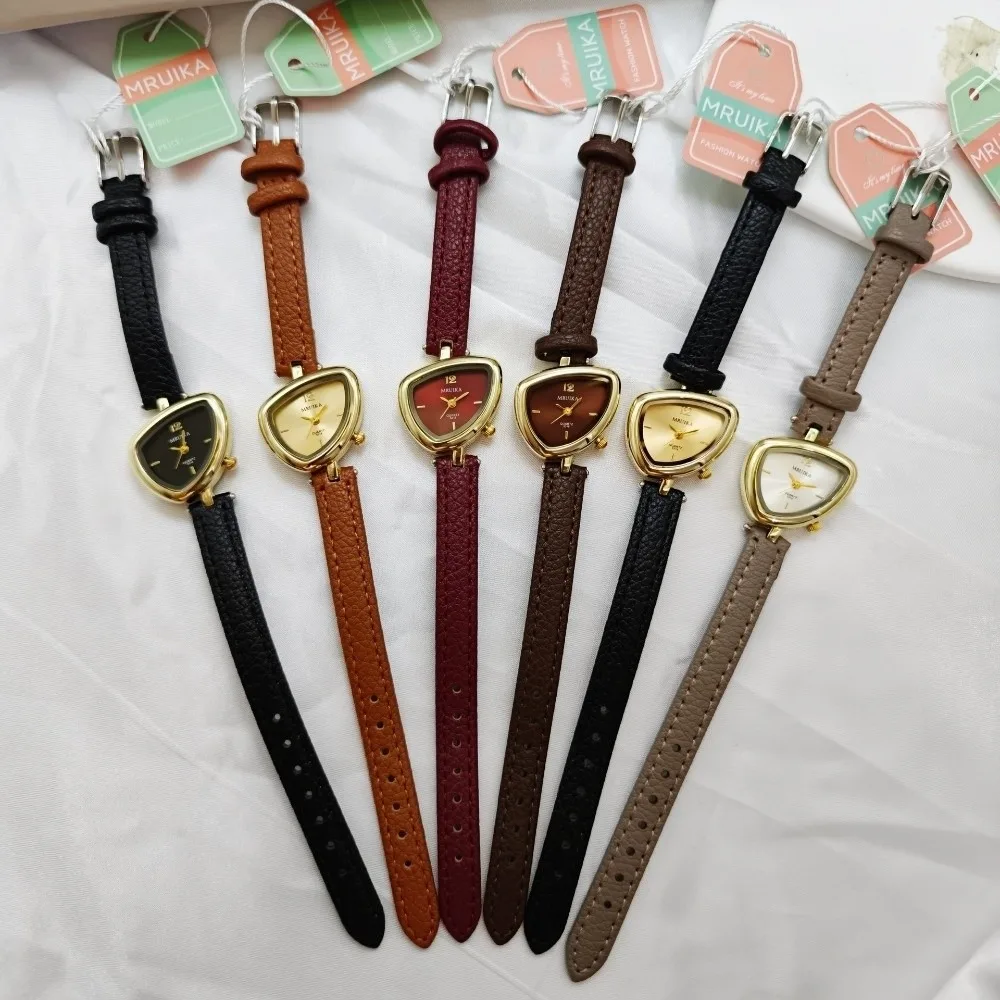 Quartz Movement Irregular Triangle Watch Leather Strap Small Dial Fashion Dress Watch Waterproof Asymmetrical