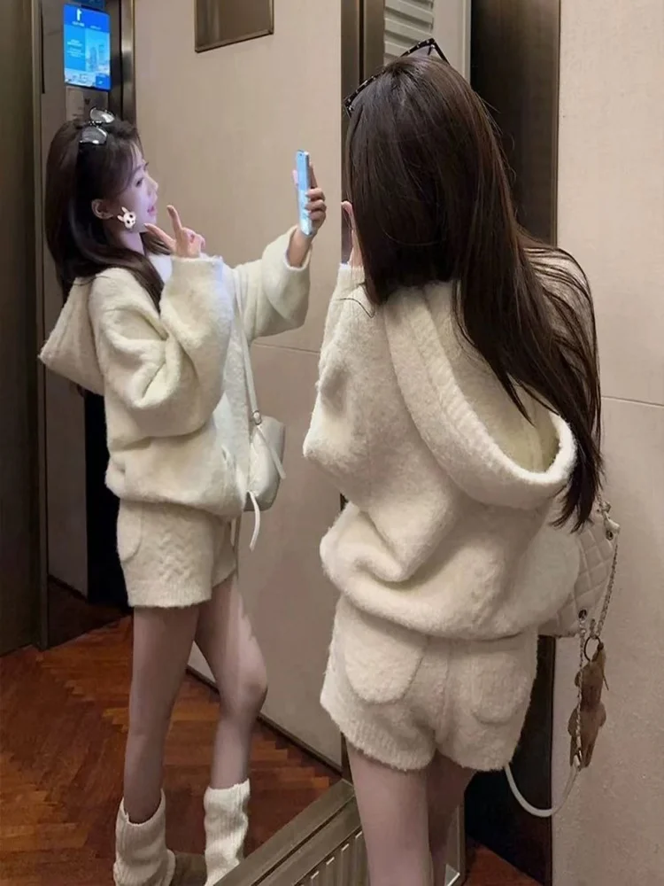 Sweet Cute Loose Knitted Hoodie And Shorts Set Women's Autumn Winter Fashion Casual High Waist Short Pants Two Piece Suit
