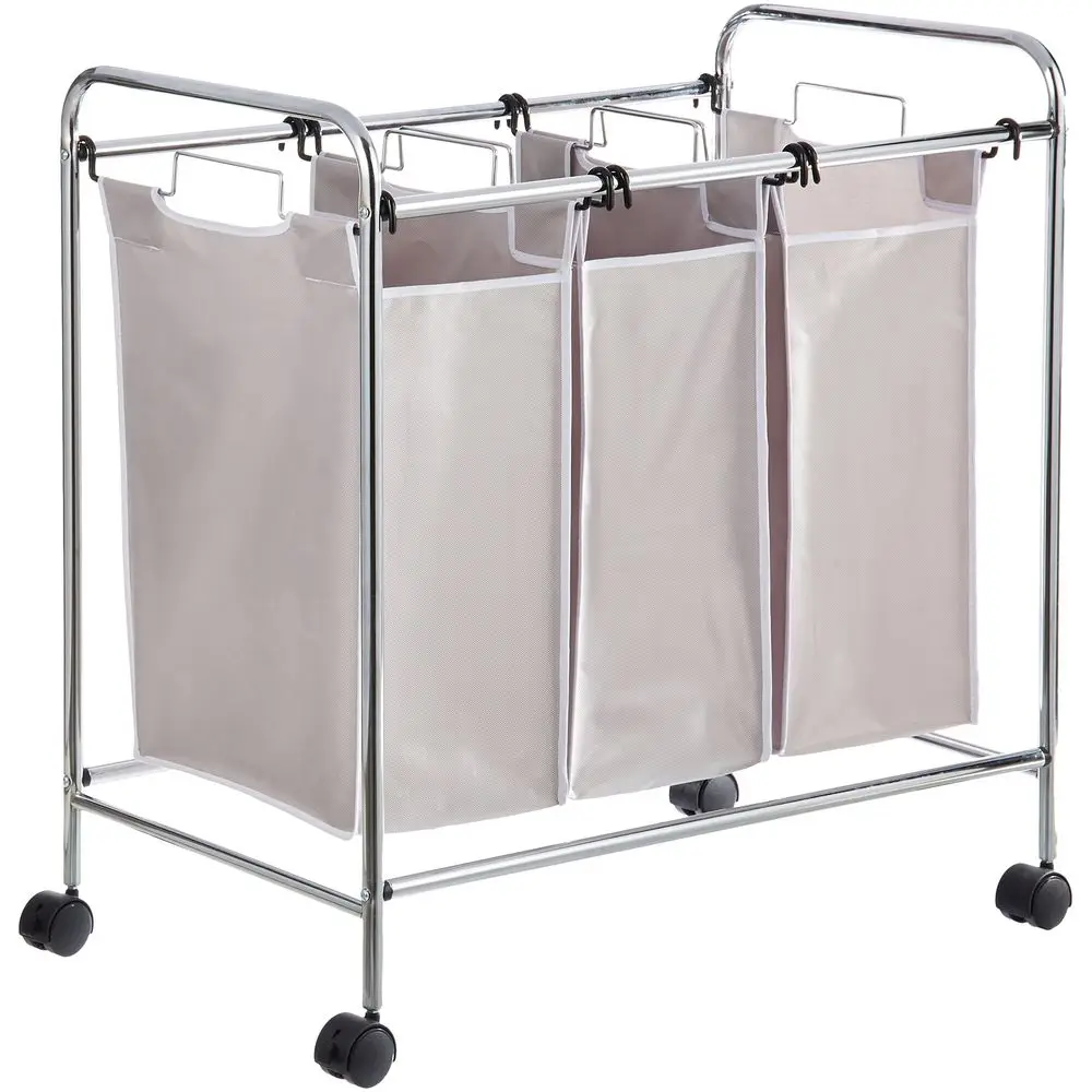

3Bag Laundry Sorter with Removable Bags, Metal Frame, Washable, Locking Wheels, Gray
