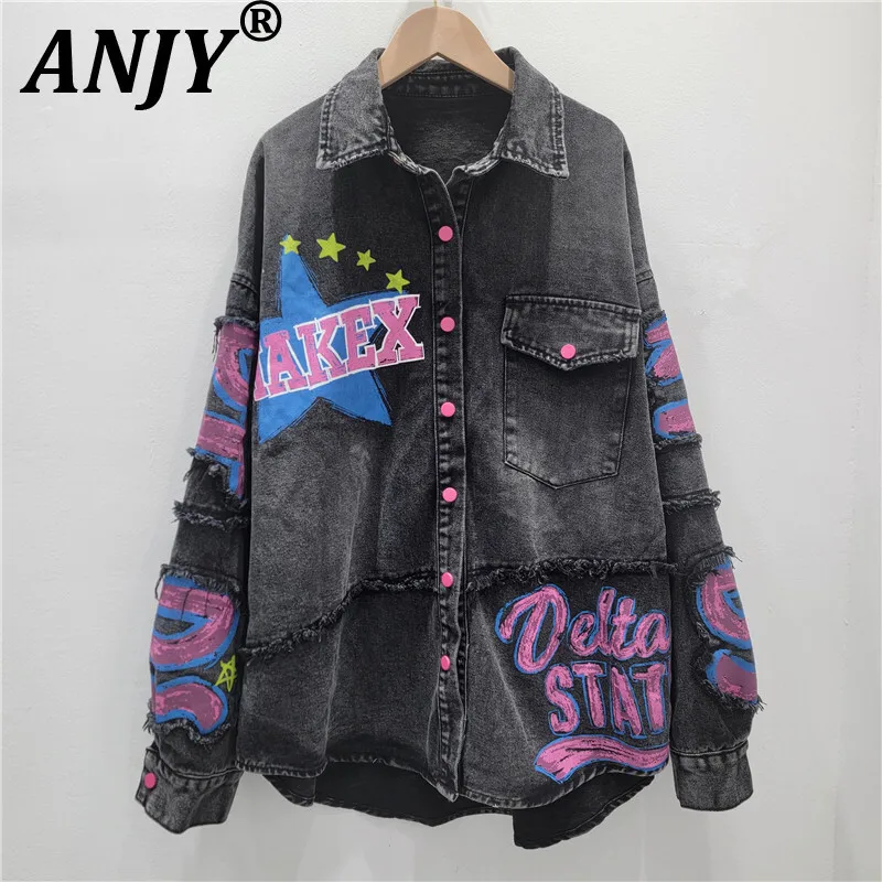 

ANJY 2025 Autumn New Women American Vintage Heavy-duty Printed Letters Denim Shirt Fashion Versatile Casual Trendy Jacket A12296