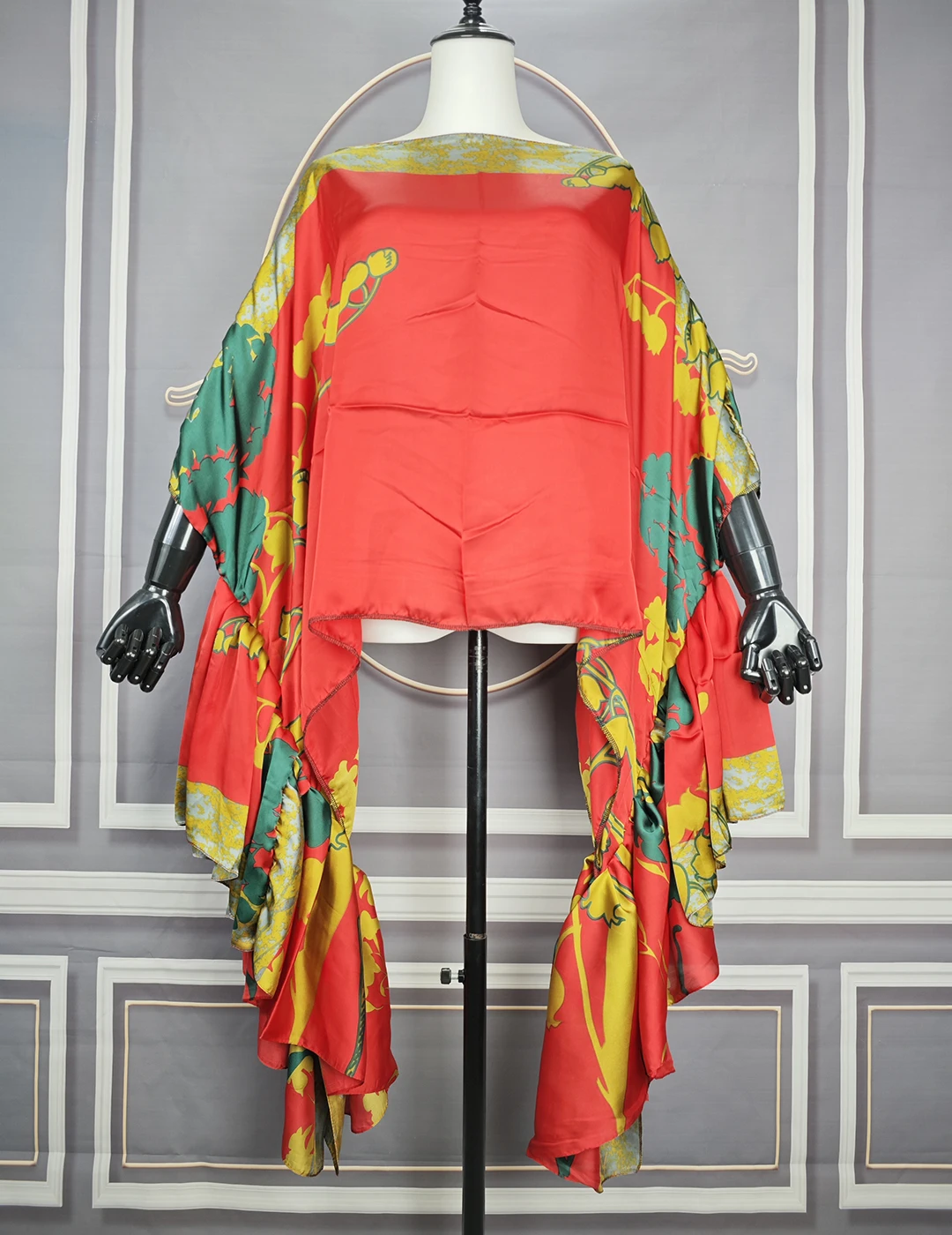 Kuwait Fashion Boho Printedone-Schouder Pofmouwen Zijden Bedrukte Kaftan Blouse Oversized Kuwait Blogger Populaire Losse Topjurk