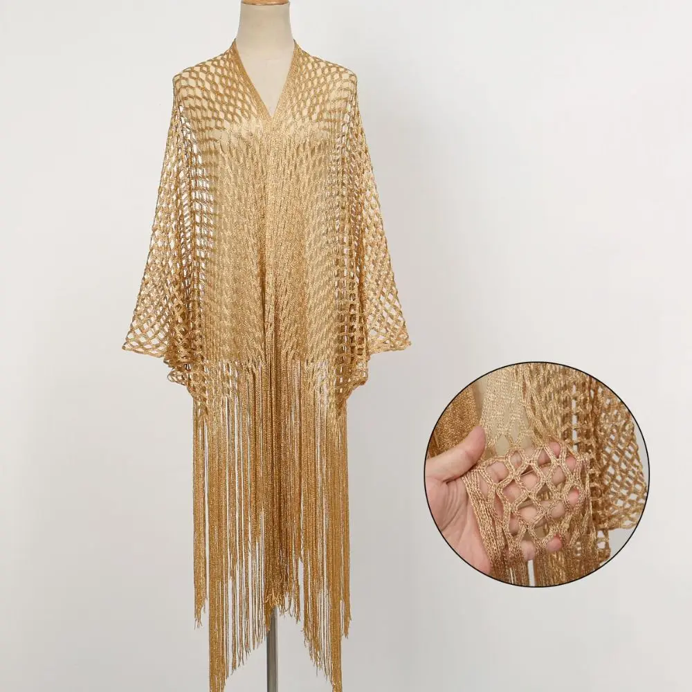 Fashion Tassel Patchwork Women Tulle Shawl Hollow Shining Evening Prom Cape V-Neck Cardigans Summer Scarf Party
