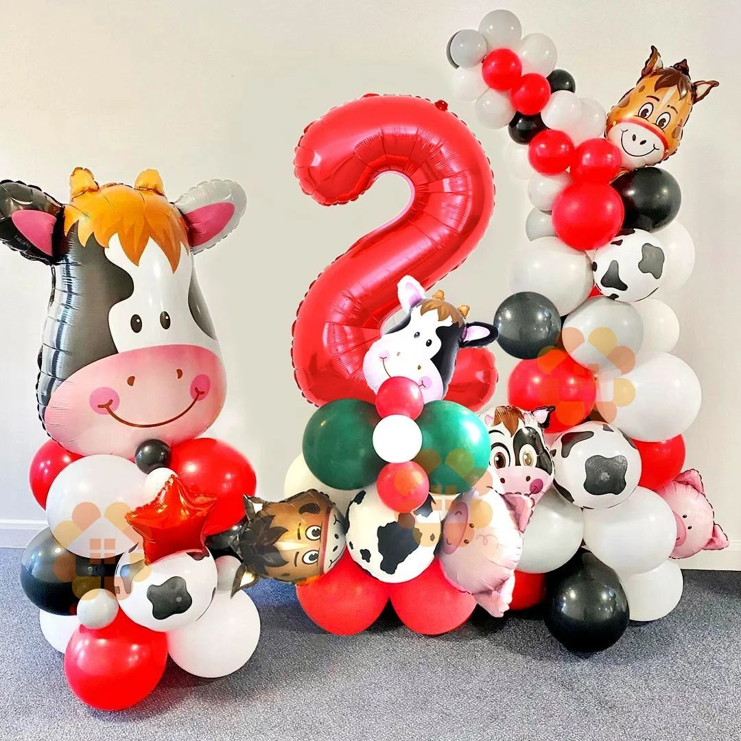 

1SET Farm Animal Theme Cow/Pig Balloons Tower Set 1-9inch Red Balloon Kids Happy Birthday Party Decoration Farm Party Supply