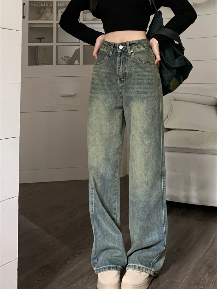 

Retro High Street Faded Denim Jeans Women's Spring Autumn Straight Leg Long Pants High Waist Slimming Jeans Deep Dark Colors