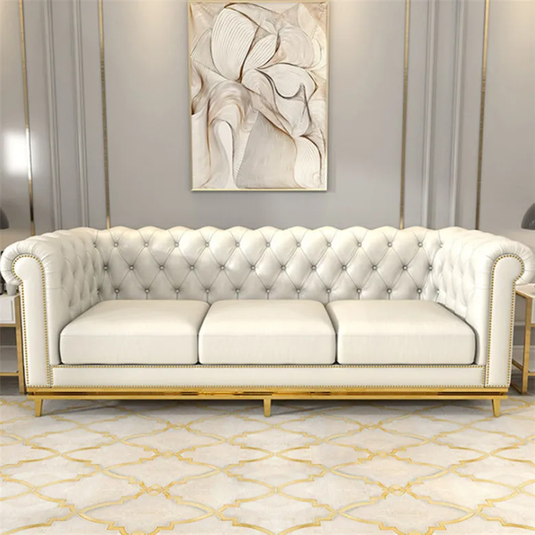 Conjunto de Sofá Chesterfield Moderno con Patas Metálicas / Muebles de Sala de Estar, Combinación de Sofá de 1+2+3 Plazas, Sofá Seccional de Cuero