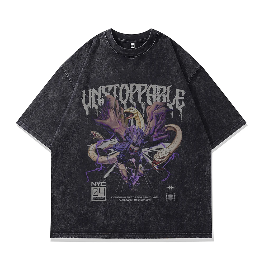 Demon Anime Print Vintage Washed T Shirts Men Goth Evils Punk Oversized Short Sleeve Tees Cotton Tops Streetwear Summer T-shirts
