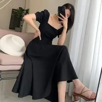 2024 Summer New Ins Tea Break Dress Elegant One-line Lapel Over-knee Long Skirt Bright White Plus-size Little Black Dress