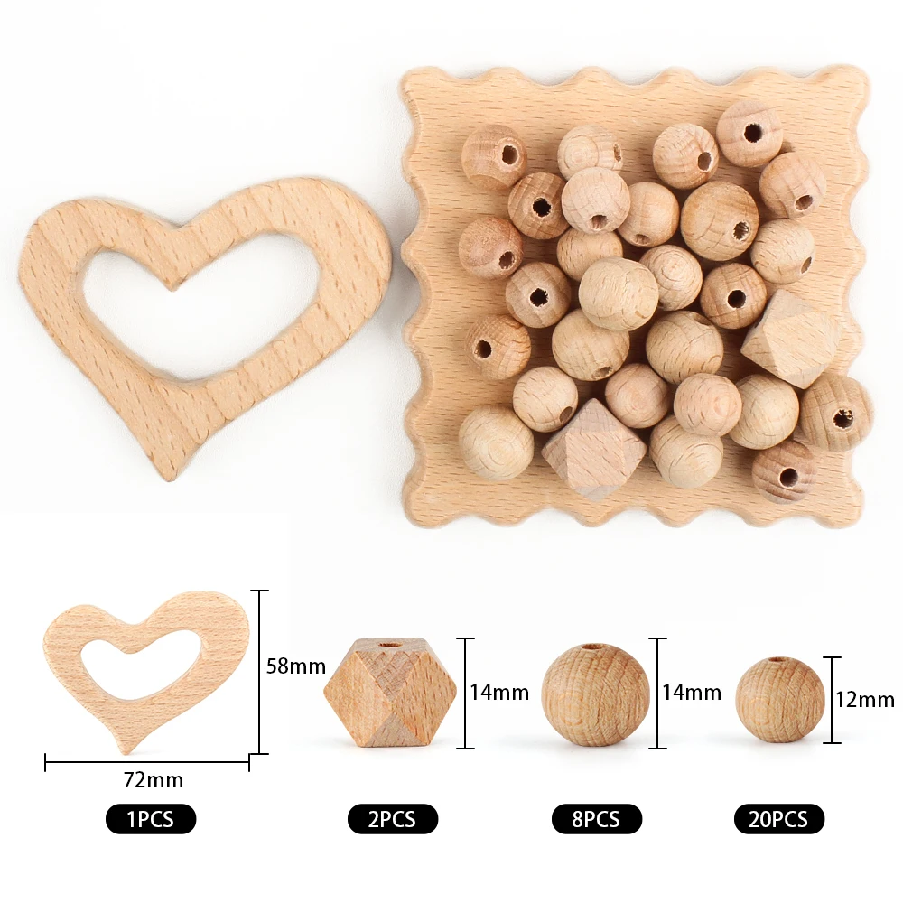 31Pcs/Set Baby Wooden Beads Teether Set Cartoon Animals Shape Natural Beech Wood Beads DIY Pacifier Chain Nursing Accessories