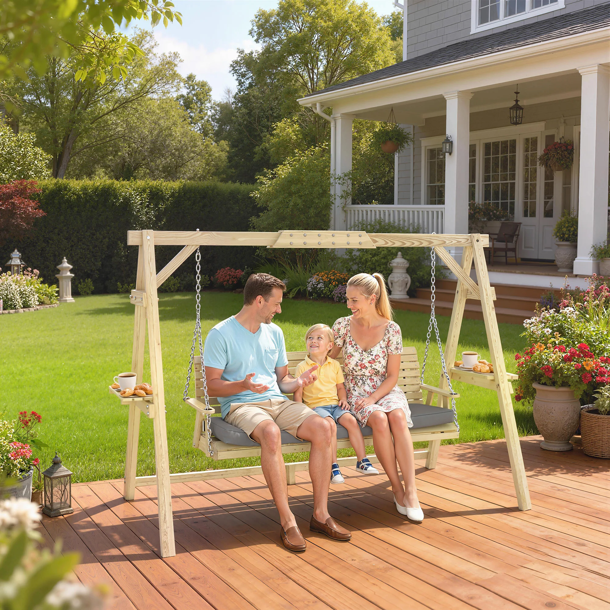 Wooden 3 Seat Porch Swing with Cushion and Side Trays, Natural Wood